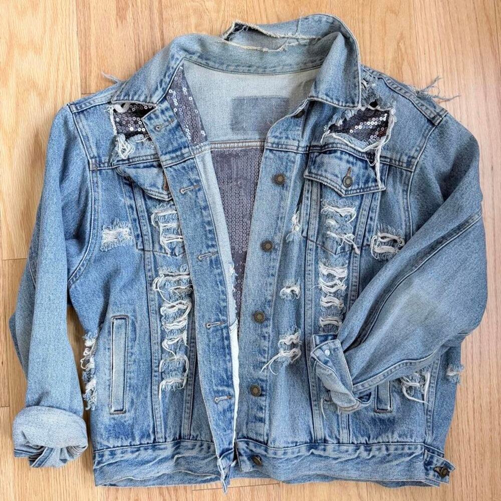 Carmar Distressed Sequin Denim Jacket Oversized Acid Wash Festival LA S
